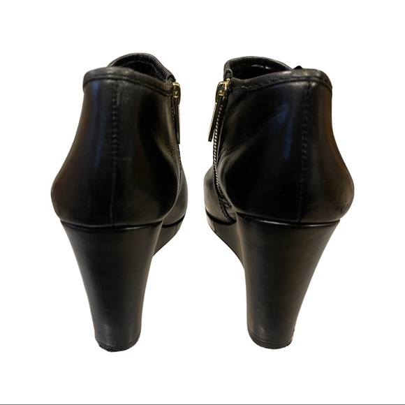 BCBGeneration Open Toe Wedge Heels, Black with gold accent zipper. - Picture 4 of 6